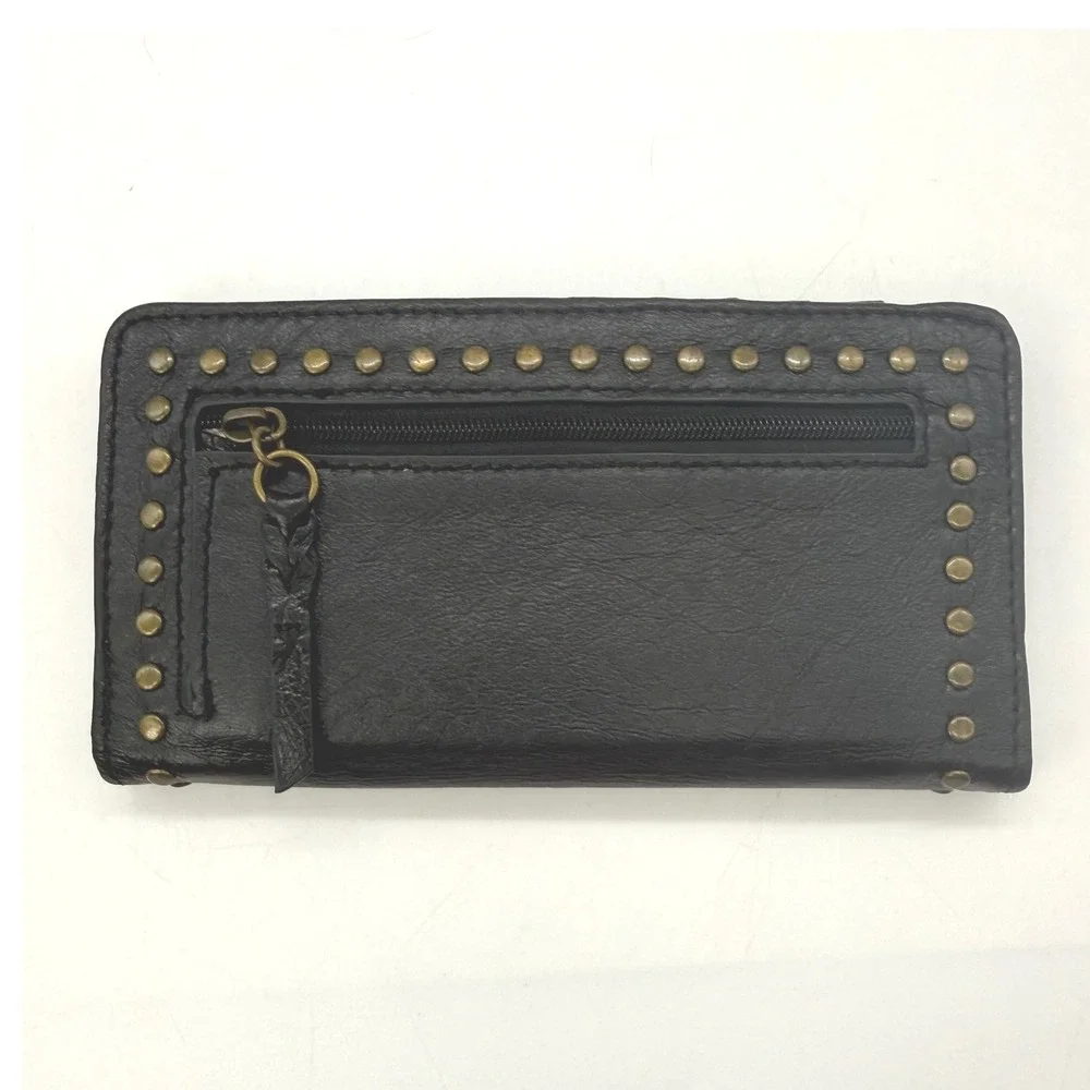 The Sak Black Leather Studded Bifold Slim Wallet Brass Accents Boho Organizer